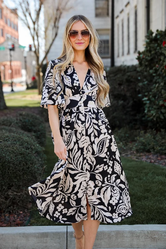 Plus Size Women Dress with a Flattering A - Line Cut for Comfort and StyleFINAL SALE - Stunning Time Black Floral Midi Dress Plus Size Women Dress with a Flattering A - Line Cut for Comfort and StyleFINAL SALE - Stunning Time Black Floral Midi Dress