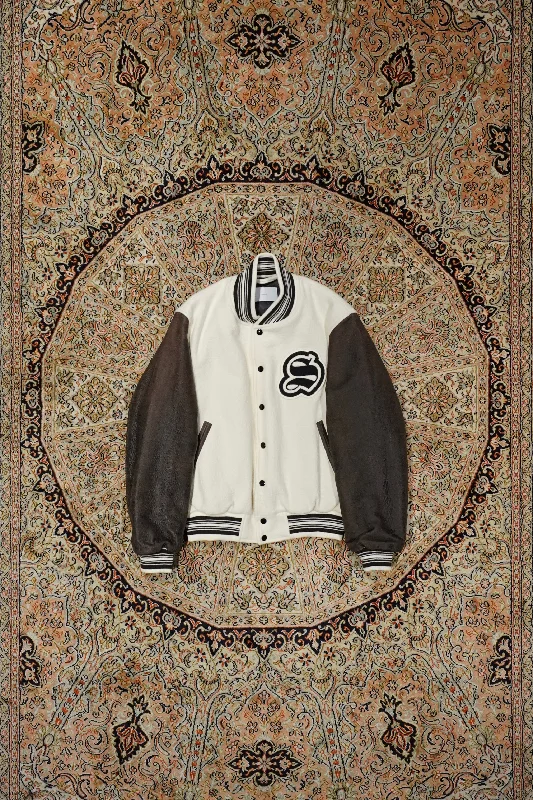 Women's bomber jackets with a holographic finish for a futuristic and eye - catching lookGILL LEATHER STADIUM JACKET (CREAM WHITE X BLACK GILL) Women's bomber jackets with a holographic finish for a futuristic and eye - catching lookGILL LEATHER STADIUM JACKET (CREAM WHITE X BLACK GILL)