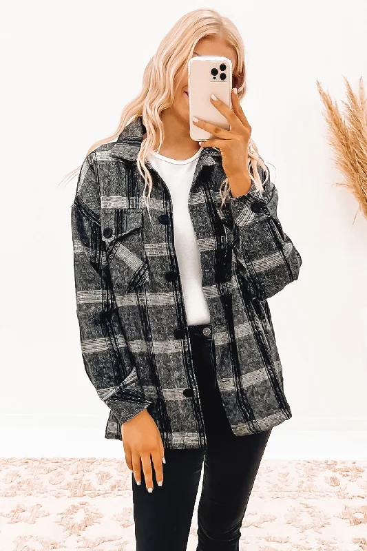 Women's windbreaker jackets with adjustable hoods for windy daysTally Shacket Grey Check Women's windbreaker jackets with adjustable hoods for windy daysTally Shacket Grey Check