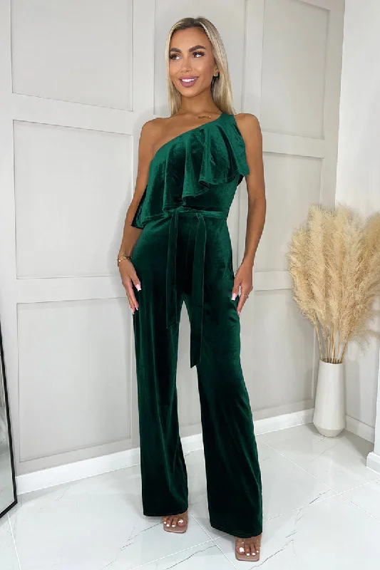 Women jumpsuits with mesh panels for a sexy and trendy appearanceTeal Velvet One Shoulder Frill Belted Jumpsuit Women jumpsuits with mesh panels for a sexy and trendy appearanceTeal Velvet One Shoulder Frill Belted Jumpsuit