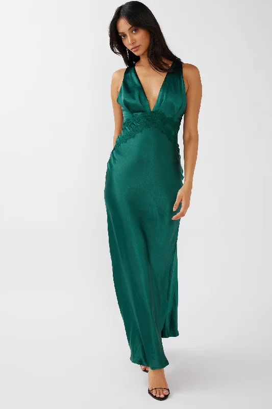 Sheath Women Dress with a Tailored Fit for a Professional LookTheriz Lace Trim Tied Back Maxi Dress Green