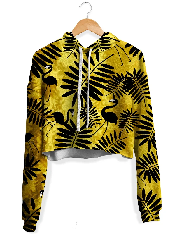 Tropical Black Flamingos Fleece Crop Hoodie