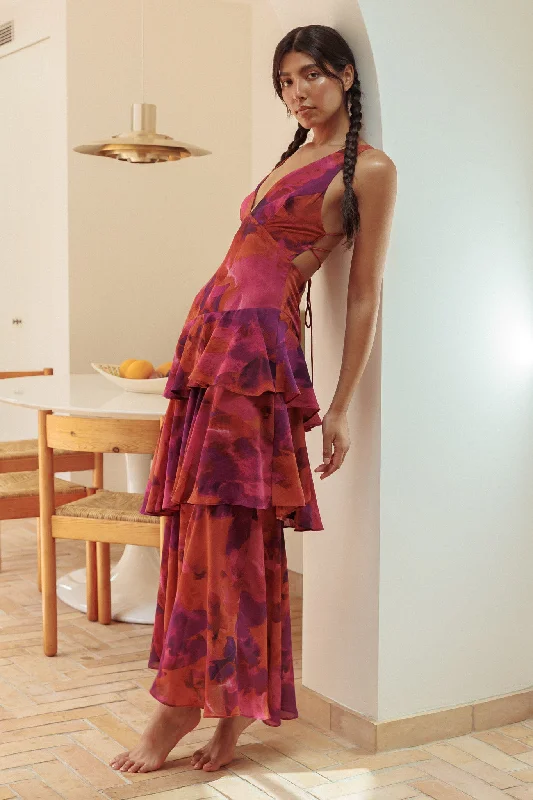 Sheath Women Dress with a Tailored Fit for a Professional LookVeda Strappy Back Ruffle Midi Dress Dark Rose