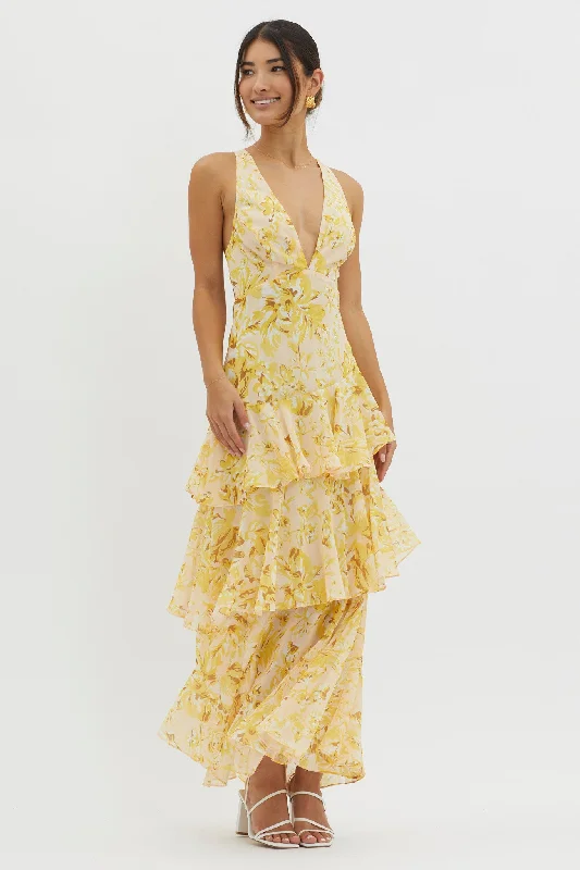 Off - the - Shoulder Women Dress for a Romantic and Feminine LookVeda Strappy Back Ruffle Midi Dress Floral Yellow