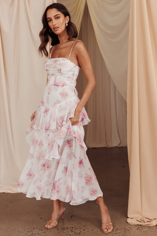 Printed Abstract Women Dress for a Modern and Artistic AppealVeda Tiered Layer Midi Dress Floral Blush Printed Abstract Women Dress for a Modern and Artistic AppealVeda Tiered Layer Midi Dress Floral Blush