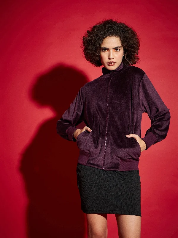 Women's bomber jackets with a holographic finish for a futuristic and eye - catching lookWomen Maroon Velour Zipper Jacket Women's bomber jackets with a holographic finish for a futuristic and eye - catching lookWomen Maroon Velour Zipper Jacket