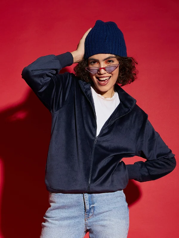 Women's quilted puffer jackets in a cropped silhouette for a modern twistWomen Navy Velour Zipper Jacket Women's quilted puffer jackets in a cropped silhouette for a modern twistWomen Navy Velour Zipper Jacket