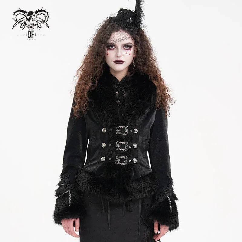 Women's long - length wool blend jackets for a warm and stylish winter lookWomen's Gothic Faux Fur Bucket-up Chain Jacket