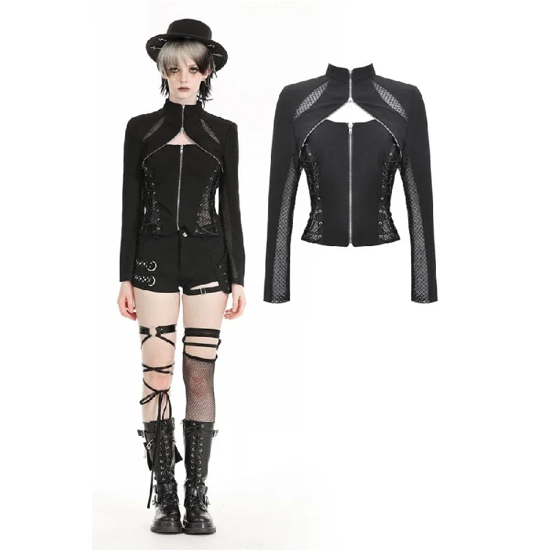 Women's denim jackets with a patchwork design for a bohemian and artsy styleWomen's Punk Stand Collar Mesh Splice Jacket Women's denim jackets with a patchwork design for a bohemian and artsy styleWomen's Punk Stand Collar Mesh Splice Jacket