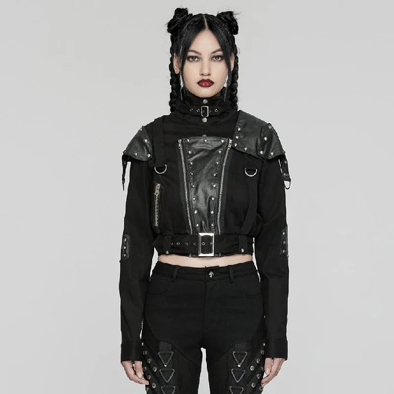 Women's denim jackets with a patchwork design for a bohemian and artsy styleWomen's Punk Stand Collar Patch Jacket Women's denim jackets with a patchwork design for a bohemian and artsy styleWomen's Punk Stand Collar Patch Jacket