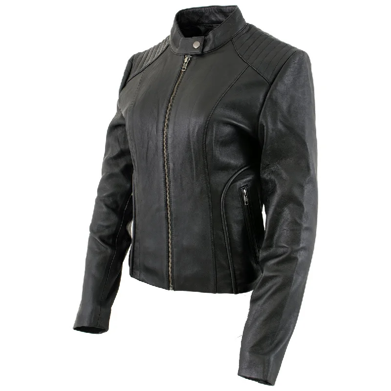 Women's cropped leather jackets with silver zippers for a punk - inspired outfitXelement B91055 Women's ‘Keeper’ Black Leather Scuba Style Biker Jacket with Snap Mandarin Collar Women's cropped leather jackets with silver zippers for a punk - inspired outfitXelement B91055 Women's ‘Keeper’ Black Leather Scuba Style Biker Jacket with Snap Mandarin Collar