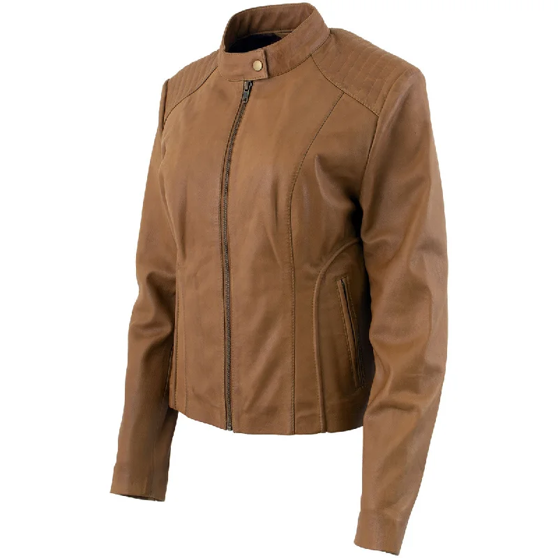 Women's waterproof rain jackets in bright yellow for high - visibility outdoor activitiesXelement B91058 Women's ‘Keeper’Cognac Leather Scuba Style Biker Jacket with Snap Mandarin Collar Women's waterproof rain jackets in bright yellow for high - visibility outdoor activitiesXelement B91058 Women's ‘Keeper’Cognac Leather Scuba Style Biker Jacket with Snap Mandarin Collar
