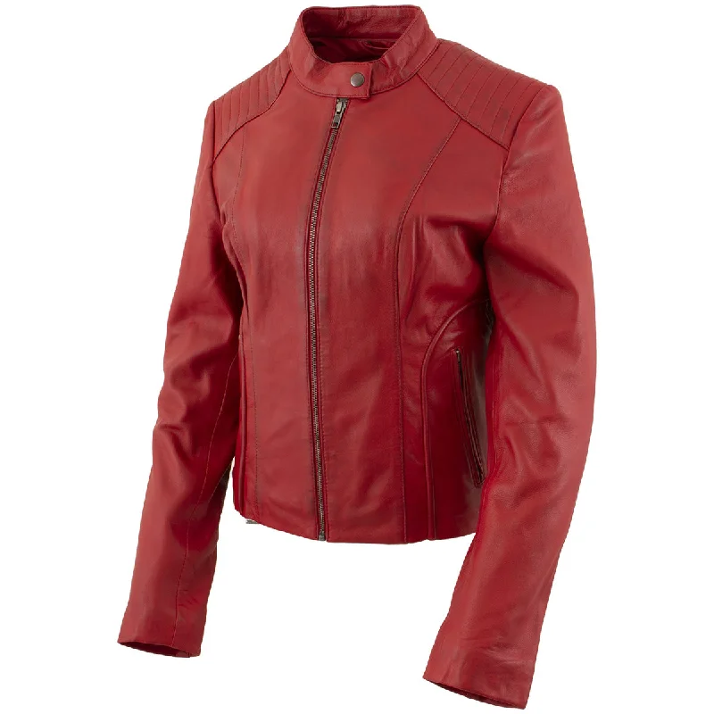 Women's long - line cardigan jackets in a soft knit for a cozy and elegant lookXelement B91066 Women's ‘Keeper’ Red Leather Scuba Style Biker Jacket with Snap Mandarin Collar Women's long - line cardigan jackets in a soft knit for a cozy and elegant lookXelement B91066 Women's ‘Keeper’ Red Leather Scuba Style Biker Jacket with Snap Mandarin Collar