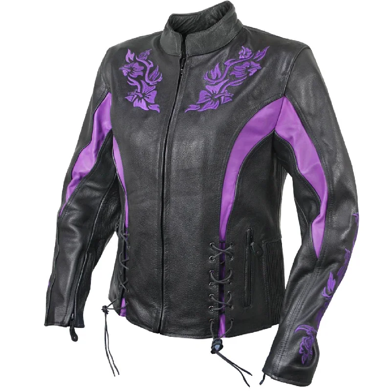 Women's faux fur - trimmed denim jackets for a trendy and cozy styleXelement XS2027 Women's 'Gemma' Biker Black and Purple Leather Embroidered Jacket with X-Armor Protection Women's faux fur - trimmed denim jackets for a trendy and cozy styleXelement XS2027 Women's 'Gemma' Biker Black and Purple Leather Embroidered Jacket with X-Armor Protection