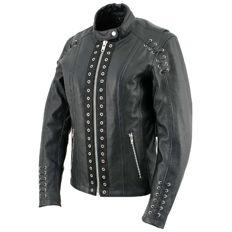 Women's moto jackets with a lace - up front for a unique and stylish touchXelement XS631 Women's 'Raven' Black Premium Cowhide Motorcycle Rider Leather Jacket with Zip-Out Liner Women's moto jackets with a lace - up front for a unique and stylish touchXelement XS631 Women's 'Raven' Black Premium Cowhide Motorcycle Rider Leather Jacket with Zip-Out Liner