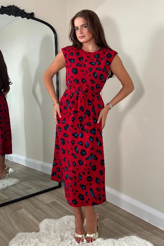 Midi dresses with bow accents for a sweet and charming lookAmay Red Animal Shoulder Pad Midi Dress