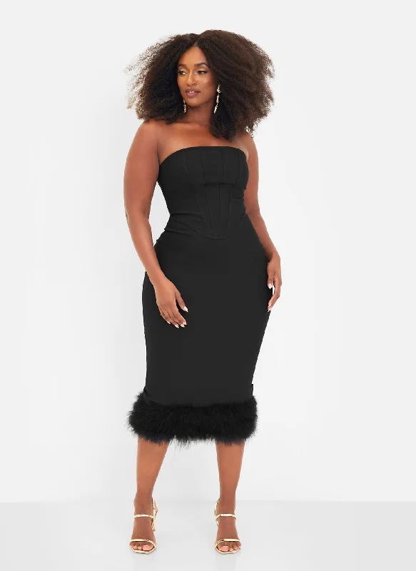 Midi dresses with cotton - blend materials for everyday comfortAri Bandage Corset Feathered Hem Midi Bodycon Dress Midi dresses with cotton - blend materials for everyday comfortAri Bandage Corset Feathered Hem Midi Bodycon Dress