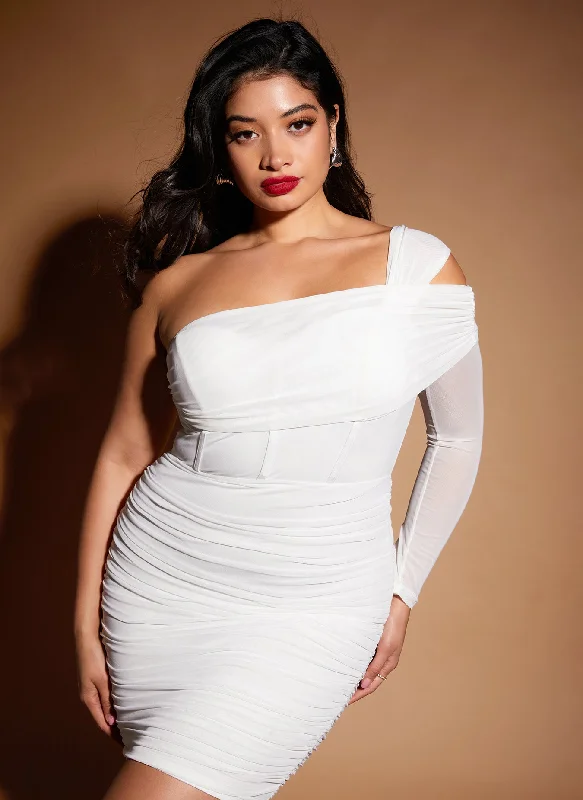 Midi dresses with patchwork patterns for a one - of - a - kind styleAsha Mesh One Shoulder Corset Ruched Mini Bodycon Dress Midi dresses with patchwork patterns for a one - of - a - kind styleAsha Mesh One Shoulder Corset Ruched Mini Bodycon Dress