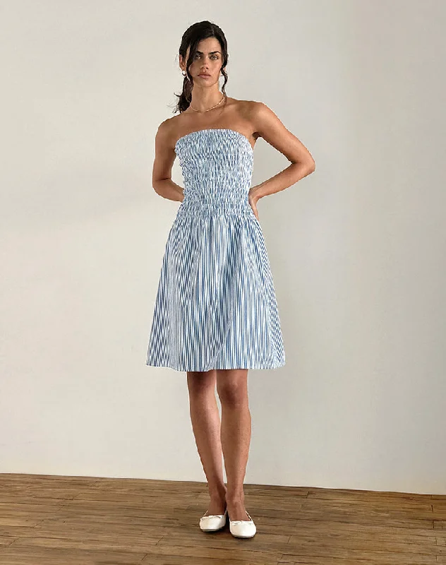 Midi dresses with ruched sleeves for a more fitted and stylish arm lookBelesi Midi Dress in Blue Small Vertical Stripe Midi dresses with ruched sleeves for a more fitted and stylish arm lookBelesi Midi Dress in Blue Small Vertical Stripe