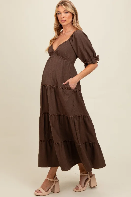Plaid midi dresses for a fall - themed family gatheringBrown Deep V-Neck Tiered Maternity Maxi Dress