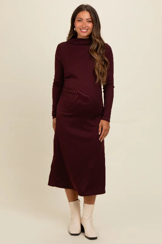Midi dresses with ruched sleeves for a more fitted and stylish arm lookBrown Ruffle Mock Neck Long Sleeve Maternity Midi Dress