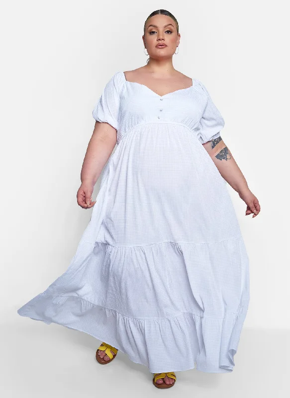 Midi dresses with ruffled bodices for a more pronounced feminine lookCorinne Puff Short Sleeve Tiered Maxi Dress - White