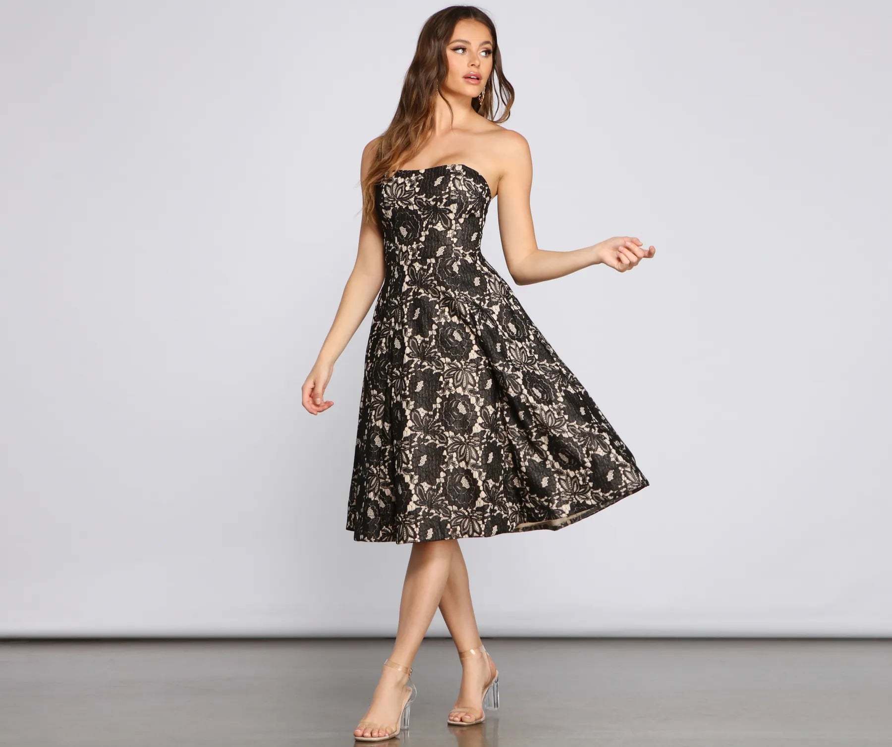 Velvet midi dresses in jewel tones for a glamorous winter eventCorrine Strapless Lace Detail Formal Dress Velvet midi dresses in jewel tones for a glamorous winter eventCorrine Strapless Lace Detail Formal Dress