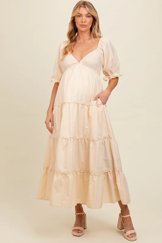 Midi dresses with ruffled hems for a romantic date nightCream Deep V-Neck Tiered Maternity Maxi Dress