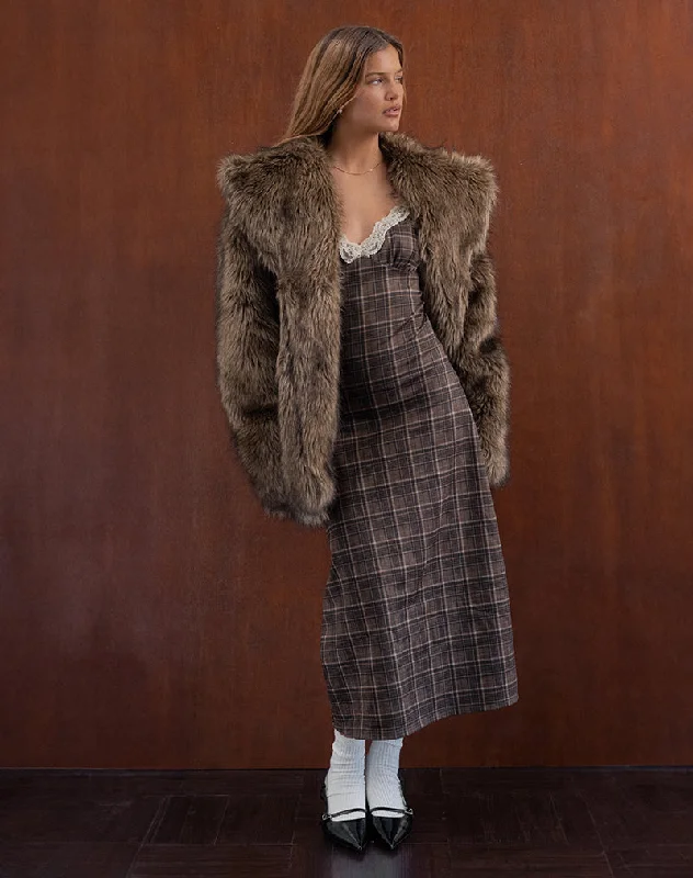Midi dresses with side slits for a sexy and elegant appearanceDelfina Midi Dress in Lace Brown Check