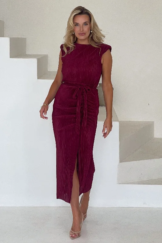 Midi dresses with patchwork patterns for a one - of - a - kind styleElena Ruched Seamed Midi Dress Wine