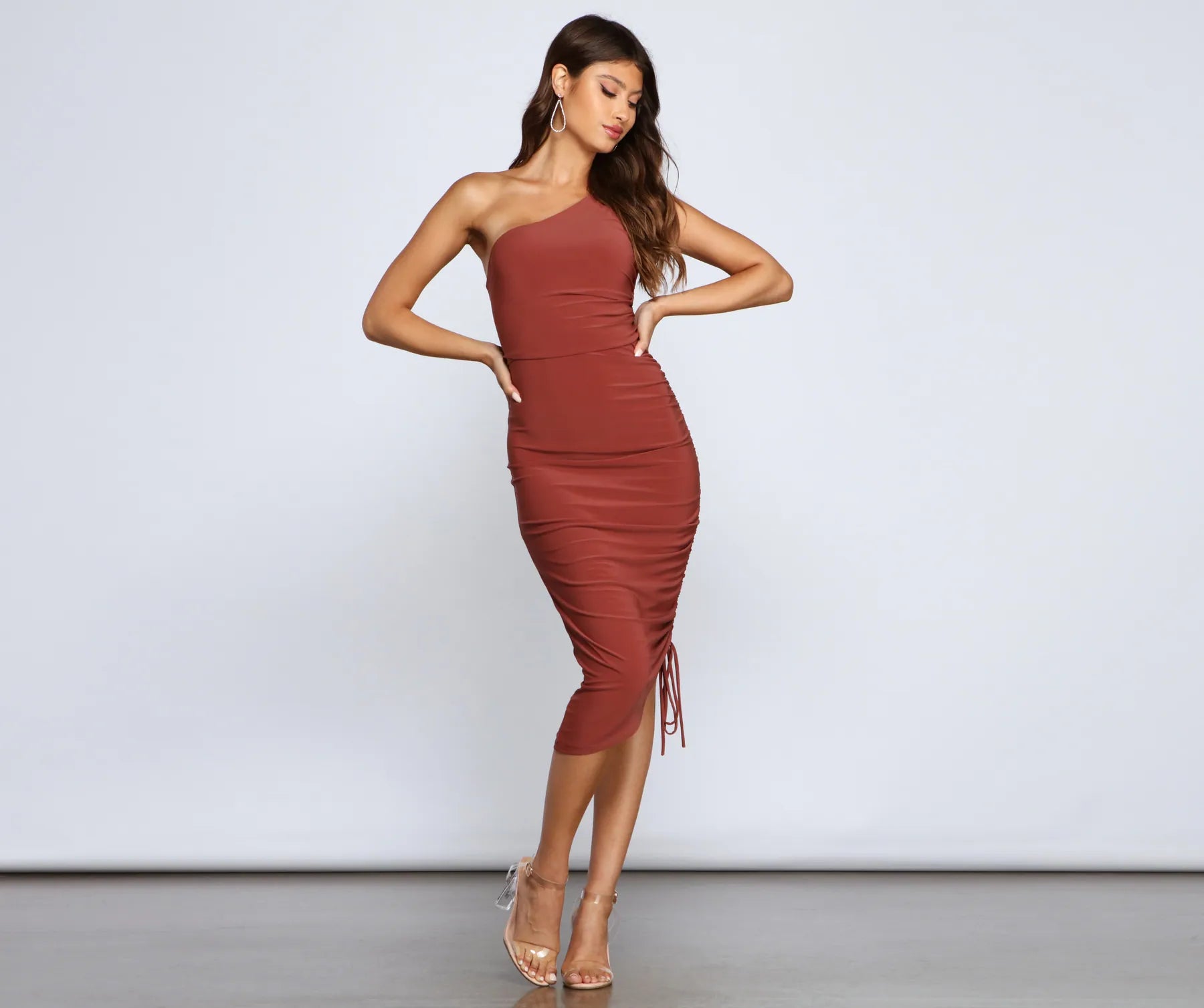 Maxi - inspired midi dresses with flowing fabrics for a beachy vibeEve One-Shoulder Ruched Midi Dress