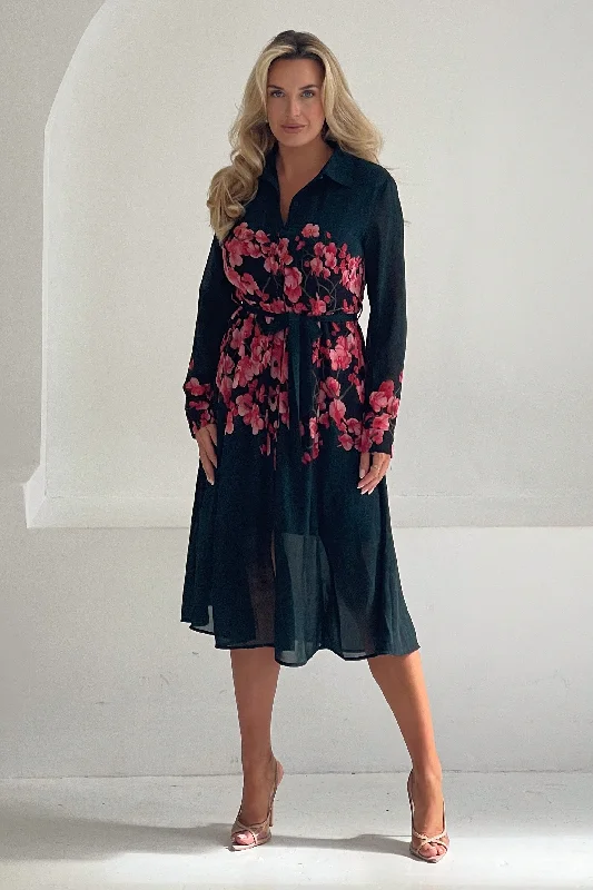 Midi dresses with pom - pom trims for a playful and festive lookEverly Green and Pink Floral Shirt Midi Dress