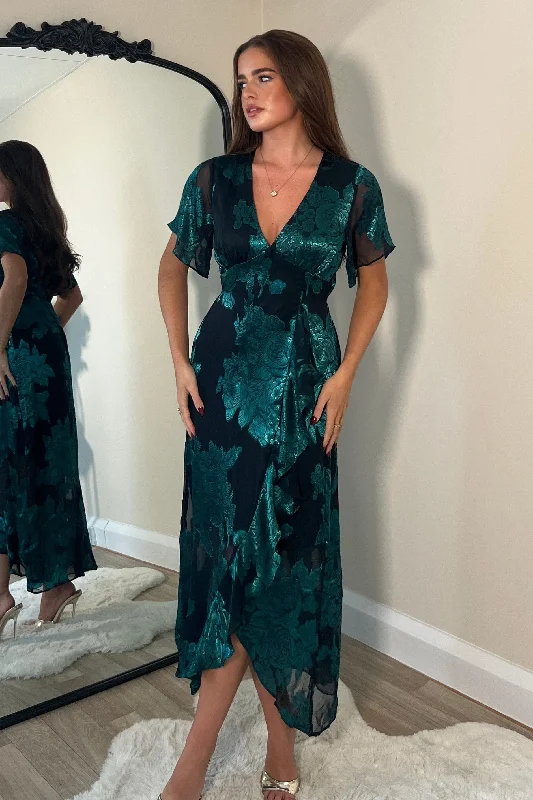 Midi dresses with mesh inserts for a trendy and breathable optionGaia Floral Wrap Frill Detail Midi Dress Green Midi dresses with mesh inserts for a trendy and breathable optionGaia Floral Wrap Frill Detail Midi Dress Green