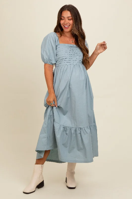 Midi dresses with metallic threads for a glamorous evening eventLight Blue Pleated Bodice Puff Sleeve Maternity Midi Dress