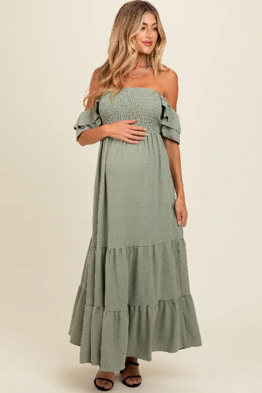 Midi dresses with metallic threads for a glamorous evening eventLight Olive Smocked Ruffle Off Shoulder Tiered Maternity Maxi Dress Midi dresses with metallic threads for a glamorous evening eventLight Olive Smocked Ruffle Off Shoulder Tiered Maternity Maxi Dress