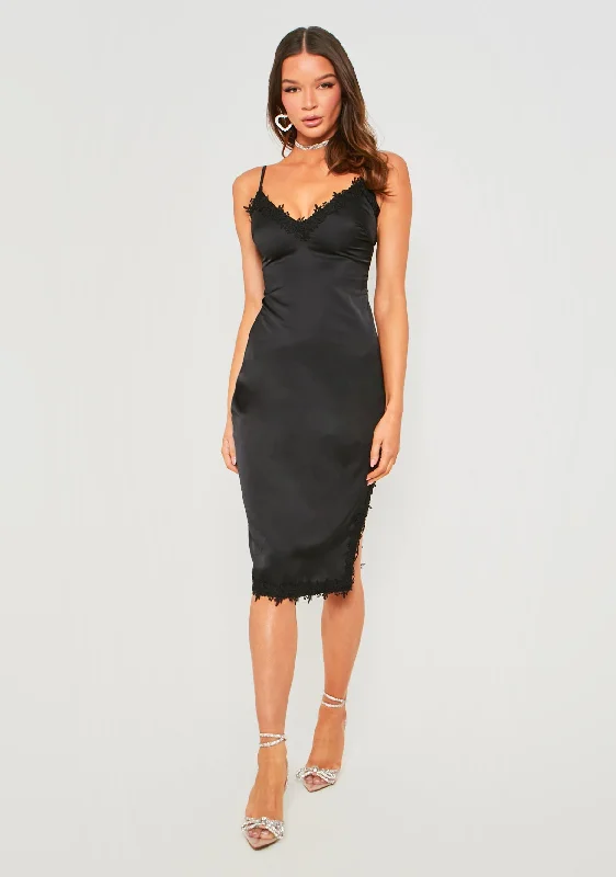 Midi dresses with asymmetric hems for a fashion - forward and dynamic appearanceLucie Black Satin Midi Dress With Lace Split Midi dresses with asymmetric hems for a fashion - forward and dynamic appearanceLucie Black Satin Midi Dress With Lace Split