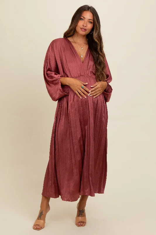 Midi dresses with pom - pom trims for a playful and festive lookMauve Satin Pleated V-Neck Maternity Maxi Dress Midi dresses with pom - pom trims for a playful and festive lookMauve Satin Pleated V-Neck Maternity Maxi Dress