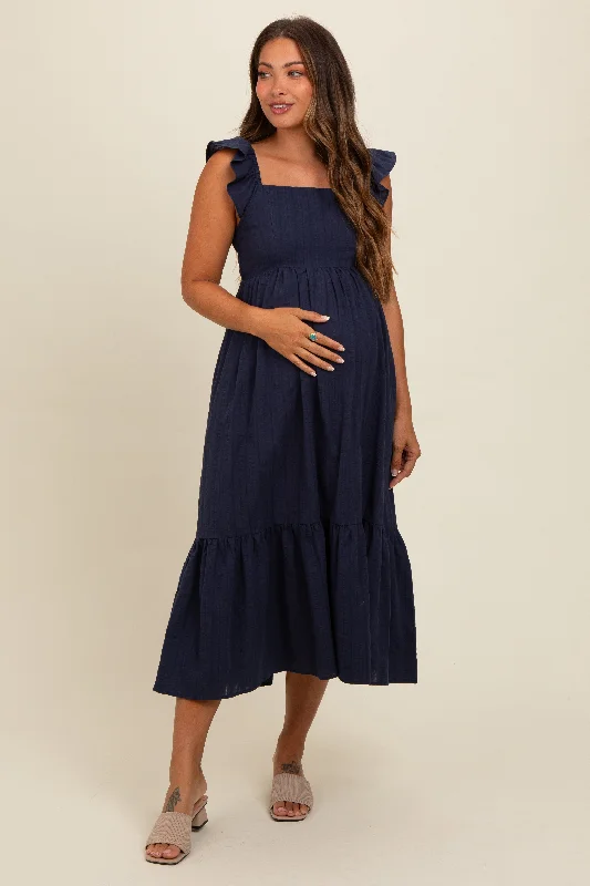 Midi dresses with satin - finish fabrics for a luxurious feelNavy Blue Textured Cotton Ruffle Strap Maternity Midi Dress Midi dresses with satin - finish fabrics for a luxurious feelNavy Blue Textured Cotton Ruffle Strap Maternity Midi Dress