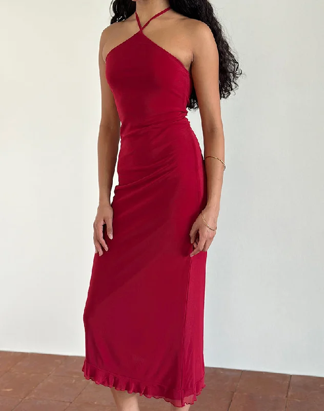 Midi dresses with ruffled sleeves for a more feminine and voluminous lookRibka Halterneck Midi Dress in Mesh Cherry