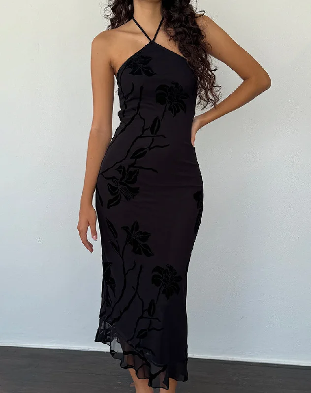Midi dresses with ruched sleeves for a more fitted and stylish arm lookRibka Halterneck Midi Dress in Orchids Flock Black Midi dresses with ruched sleeves for a more fitted and stylish arm lookRibka Halterneck Midi Dress in Orchids Flock Black