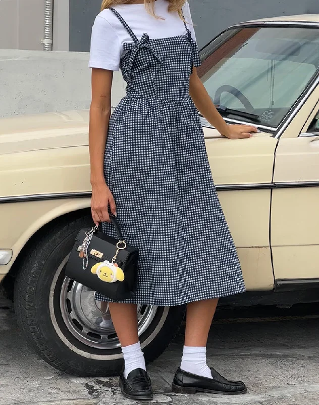 Midi dresses with geometric cutouts for a contemporary and edgy lookSloane Midi Dress in Mini Dark Blue Gingham