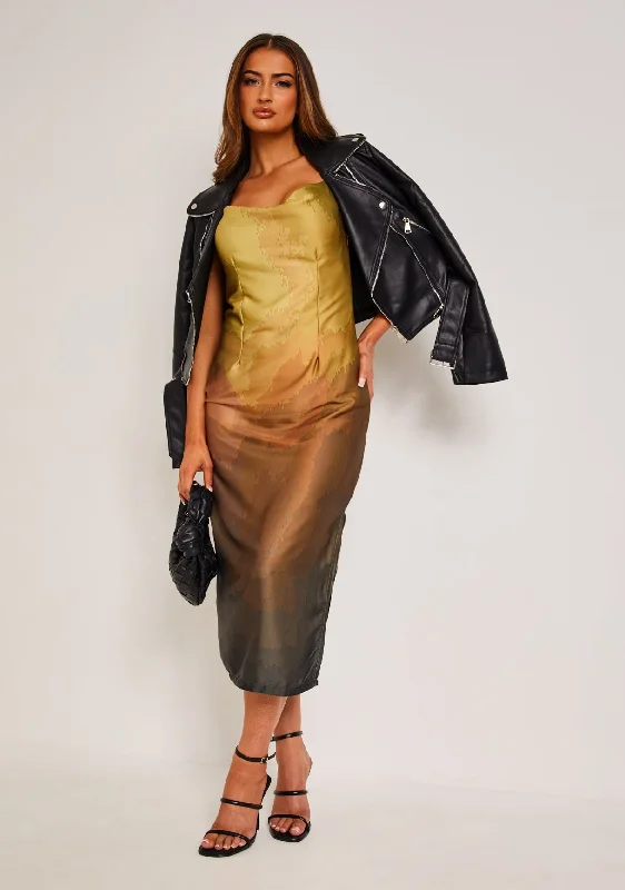 Midi dresses with pleated skirts for a timeless and elegant appealTrisha Olive Print Satin Print Cowl Midi Dress Midi dresses with pleated skirts for a timeless and elegant appealTrisha Olive Print Satin Print Cowl Midi Dress