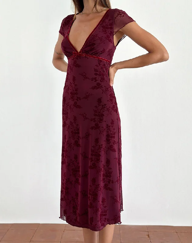 Midi dresses with mesh inserts for a trendy and breathable optionVilinia Midi Dress in Botanical Flower Maroon