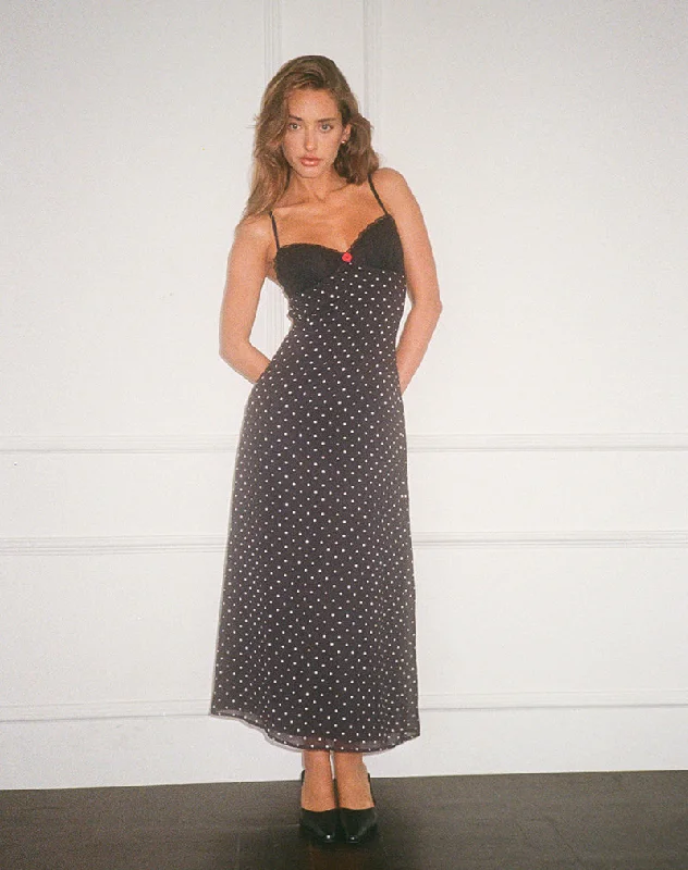 Sleeveless midi dresses with lace details for summer weddingsWilonna Maxi Dress in Basic Polka Black Chiffon