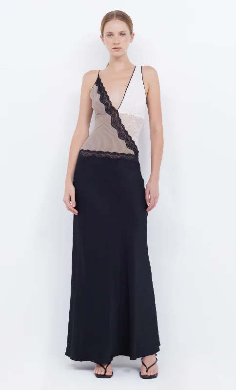 Satin maxi dresses with a high - low hem for a modern twistABRIELLE LACE MAXI DRESS - BLACK/TAUPE/IVORY Satin maxi dresses with a high - low hem for a modern twistABRIELLE LACE MAXI DRESS - BLACK/TAUPE/IVORY