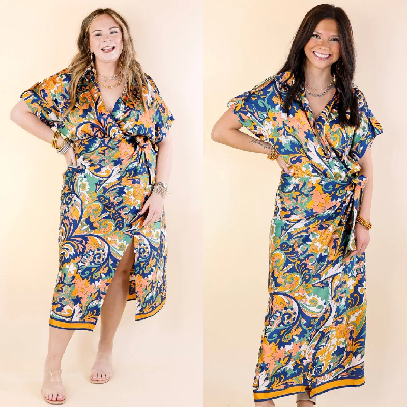 Maxi dresses with mesh panels for a sexy and trendy appearanceRoom With A View Baroque Print Wrap Midi Dress in Gold and Navy Maxi dresses with mesh panels for a sexy and trendy appearanceRoom With A View Baroque Print Wrap Midi Dress in Gold and Navy