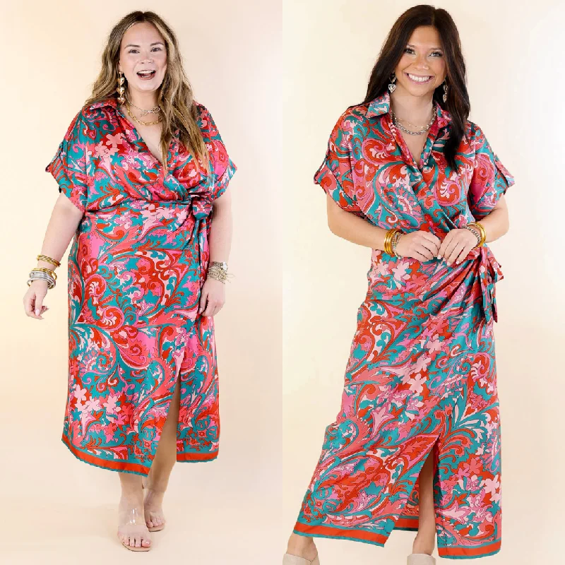 Maxi dresses with geometric prints for a contemporary aestheticRoom With A View Baroque Print Wrap Midi Dress in Pink and Teal Maxi dresses with geometric prints for a contemporary aestheticRoom With A View Baroque Print Wrap Midi Dress in Pink and Teal