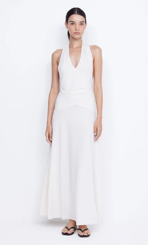 Maxi dresses with a ruffled neckline for a charming lookBLANCHE HALTER MAXI DRESS - IVORY Maxi dresses with a ruffled neckline for a charming lookBLANCHE HALTER MAXI DRESS - IVORY