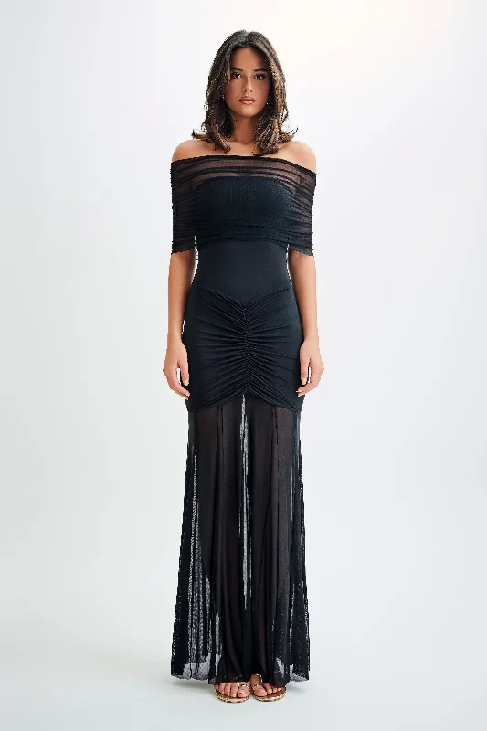 Maxi dresses with pocket details for added functionalityCaspian Slinky And Mesh Off Shoulder Maxi Dress - Black Maxi dresses with pocket details for added functionalityCaspian Slinky And Mesh Off Shoulder Maxi Dress - Black