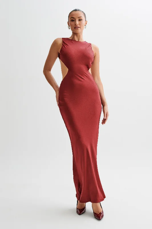 Plaid maxi dresses for fall fashion eventsElectra Satin Cut Out Maxi Dress - Berry